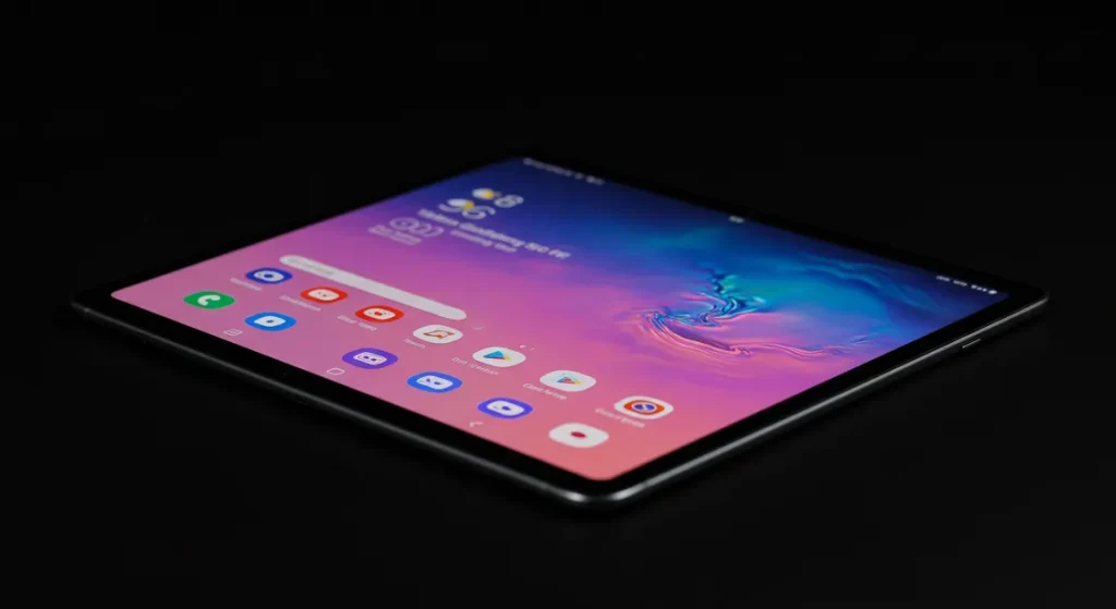 Fx Professional studio shot of Samsung Galaxy Tab S10 FE displaying colorful interface with soft rim lighting 2