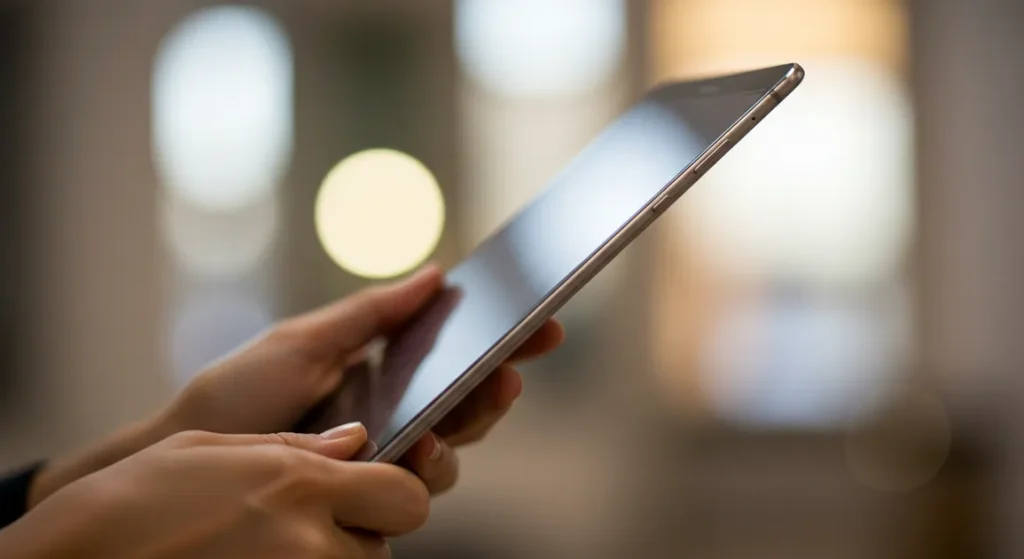 Fx Samsung Galaxy Tab S10 FE held in hands showing thin profile and premium build quality against blurred background 2