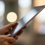 Fx Samsung Galaxy Tab S10 FE held in hands showing thin profile and premium build quality against blurred background 2