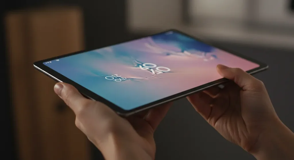 Fx Samsung Galaxy Tab S10 FE held in hands showing thin profile and premium build quality against blurred background 3