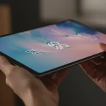 Fx Samsung Galaxy Tab S10 FE held in hands showing thin profile and premium build quality against blurred background 3