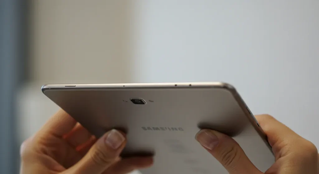 Fx Samsung Galaxy Tab S10 FE held in hands showing thin profile and premium build quality against blurred background 4