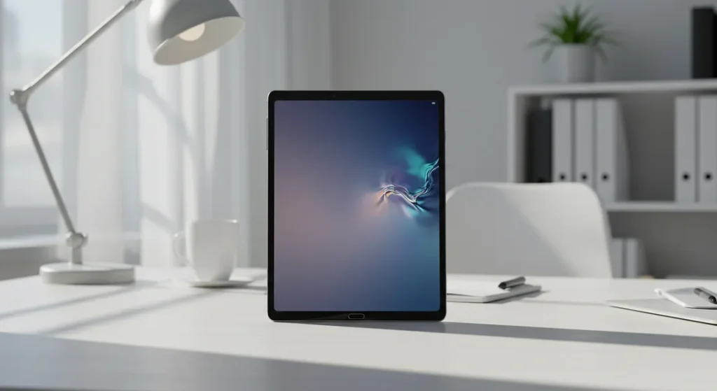 Fx Samsung Galaxy Tab S10 FE on clean minimalist desk setup with modern office environment in background 1