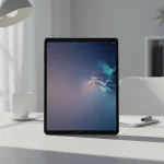 Fx Samsung Galaxy Tab S10 FE on clean minimalist desk setup with modern office environment in background 1