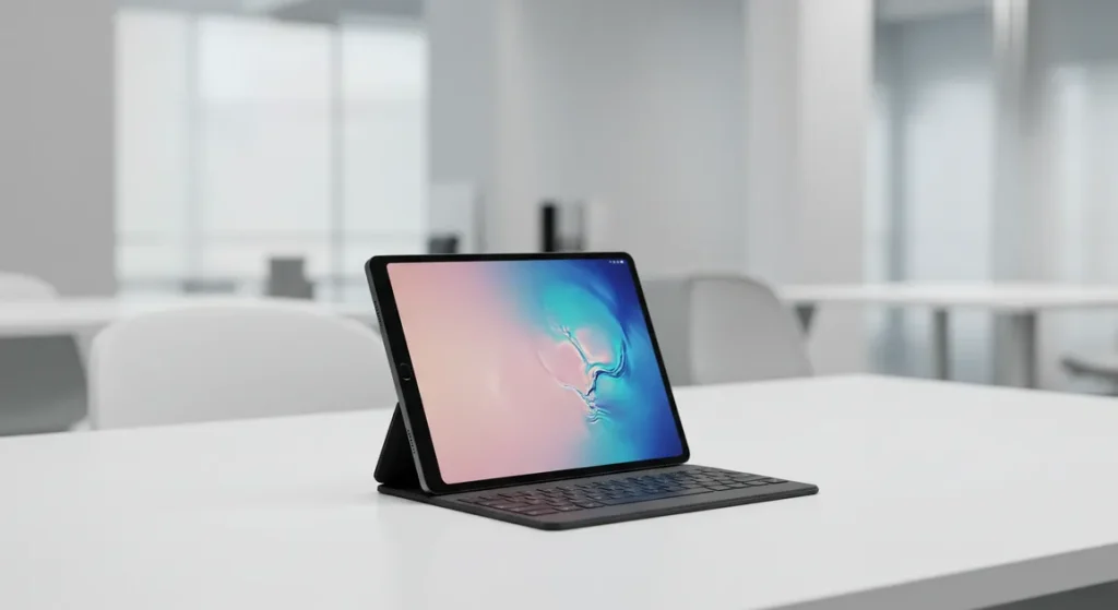 Fx Samsung Galaxy Tab S10 FE on clean minimalist desk setup with modern office environment in background 2