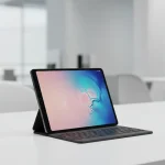 Fx Samsung Galaxy Tab S10 FE on clean minimalist desk setup with modern office environment in background 2