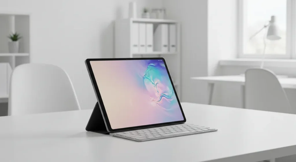 Fx Samsung Galaxy Tab S10 FE on clean minimalist desk setup with modern office environment in background 3