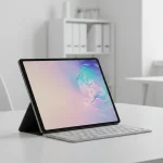 Fx Samsung Galaxy Tab S10 FE on clean minimalist desk setup with modern office environment in background 3