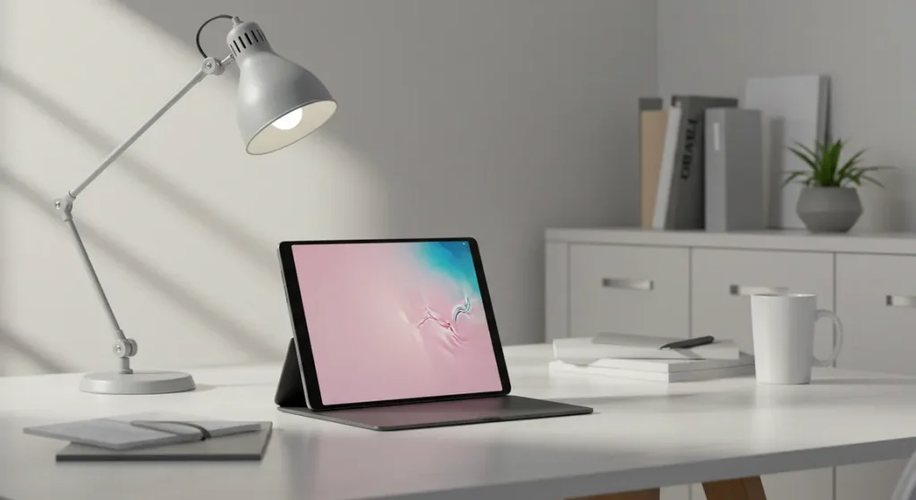 Fx Samsung Galaxy Tab S10 FE on clean minimalist desk setup with modern office environment in background 4