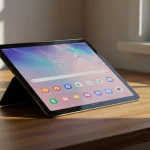 Fx Samsung Galaxy Tab S10 FE positioned at elegant angle on modern wooden desk with natural window lighting 1