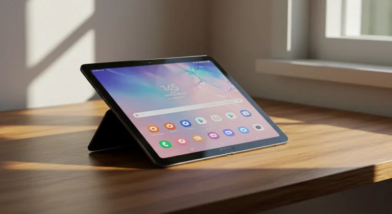 Fx Samsung Galaxy Tab S10 FE positioned at elegant angle on modern wooden desk with natural window lighting 1
