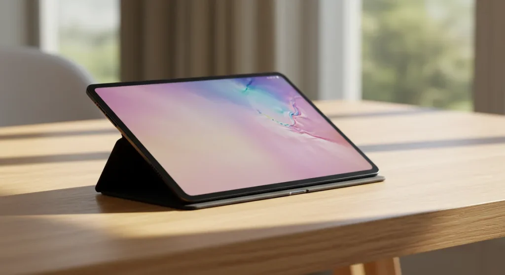 Fx Samsung Galaxy Tab S10 FE positioned at elegant angle on modern wooden desk with natural window lighting 2