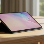 Fx Samsung Galaxy Tab S10 FE positioned at elegant angle on modern wooden desk with natural window lighting 2