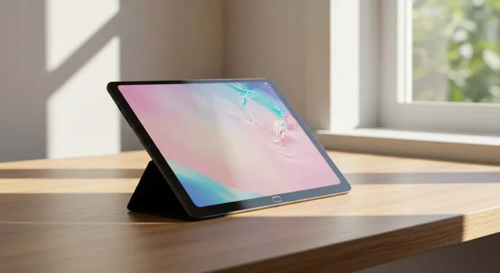 Fx Samsung Galaxy Tab S10 FE positioned at elegant angle on modern wooden desk with natural window lighting 3