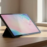 Fx Samsung Galaxy Tab S10 FE positioned at elegant angle on modern wooden desk with natural window lighting 3