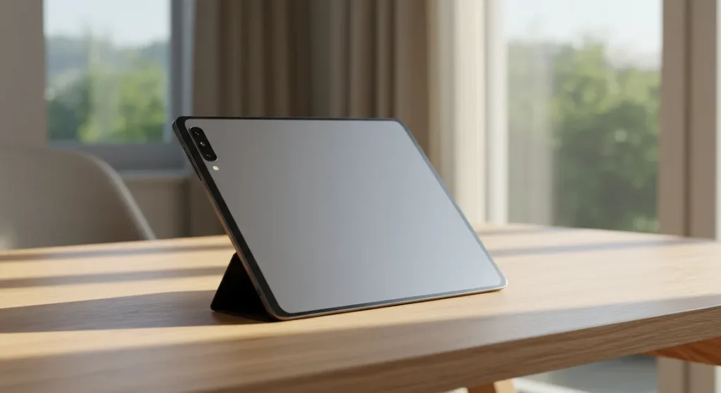 Fx Samsung Galaxy Tab S10 FE positioned at elegant angle on modern wooden desk with natural window lighting 4