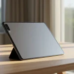 Fx Samsung Galaxy Tab S10 FE positioned at elegant angle on modern wooden desk with natural window lighting 4