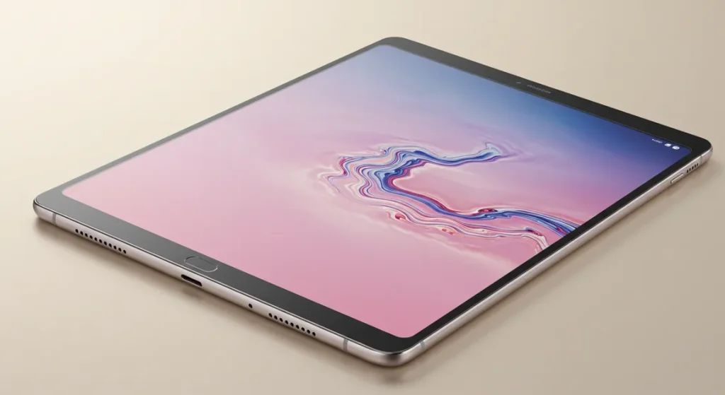 Fx Samsung Galaxy Tab S10 FE positioned at perfect angle showing screen reflection and metallic frame 1