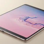Fx Samsung Galaxy Tab S10 FE positioned at perfect angle showing screen reflection and metallic frame 1