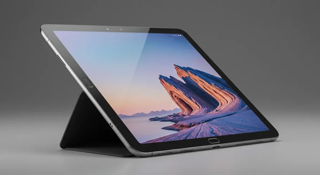 Fx Samsung Galaxy Tab S10 FE positioned at perfect angle showing screen reflection and metallic frame 2