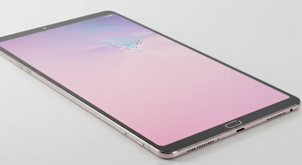 Fx Samsung Galaxy Tab S10 FE positioned at perfect angle showing screen reflection and metallic frame 3