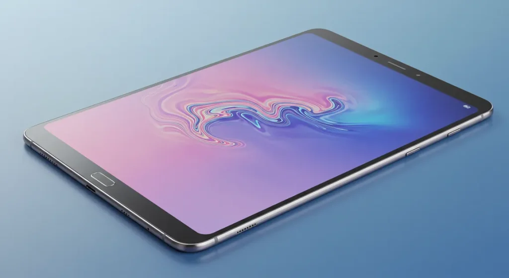 Fx Samsung Galaxy Tab S10 FE positioned at perfect angle showing screen reflection and metallic frame 4
