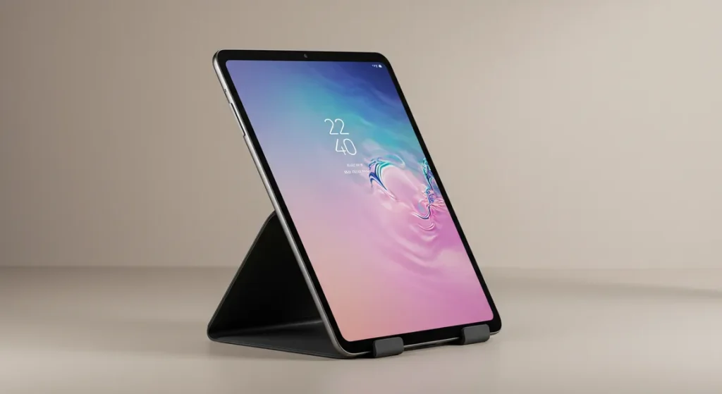 Fx Samsung Galaxy Tab S10 FE positioned vertically in landscape mode on sleek tablet stand 1