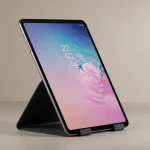 Fx Samsung Galaxy Tab S10 FE positioned vertically in landscape mode on sleek tablet stand 1