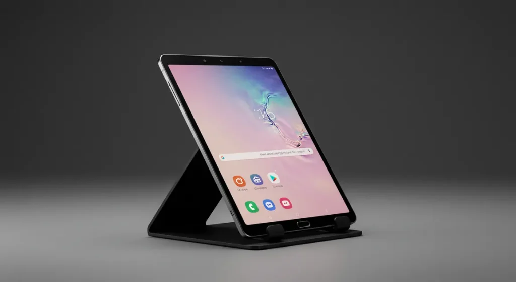 Fx Samsung Galaxy Tab S10 FE positioned vertically in landscape mode on sleek tablet stand 2