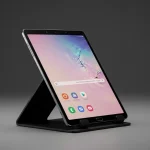 Fx Samsung Galaxy Tab S10 FE positioned vertically in landscape mode on sleek tablet stand 2
