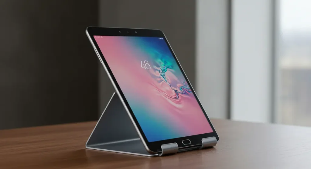 Fx Samsung Galaxy Tab S10 FE positioned vertically in landscape mode on sleek tablet stand 3