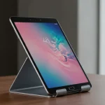 Fx Samsung Galaxy Tab S10 FE positioned vertically in landscape mode on sleek tablet stand 3