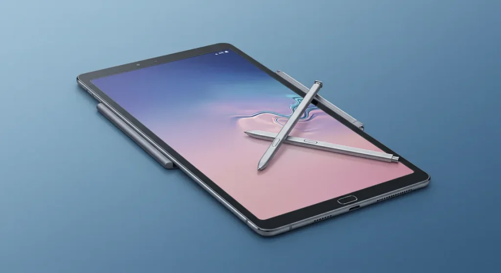 Fx Samsung Galaxy Tab S10 FE with S Pen attached magnetically photographed against gradient blue background 1