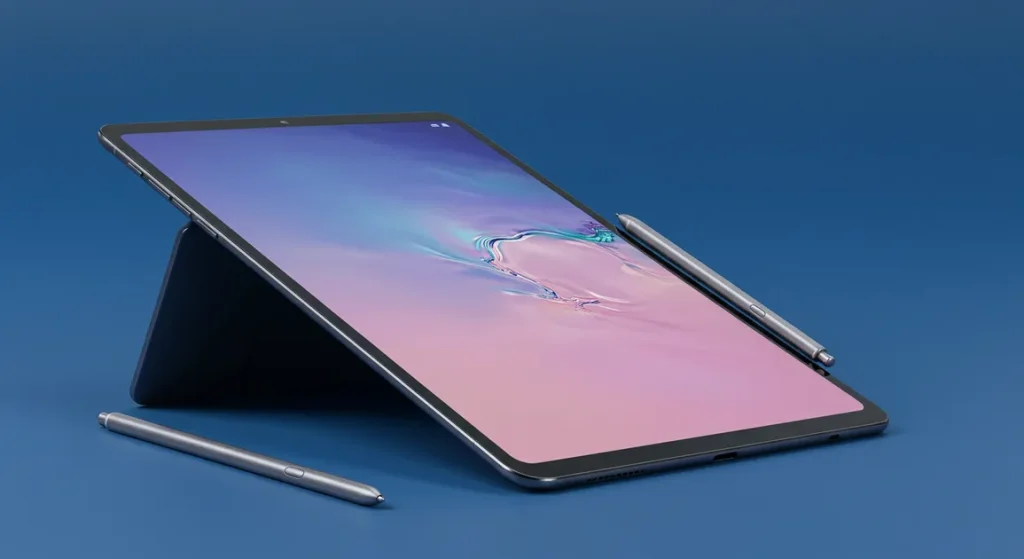 Fx Samsung Galaxy Tab S10 FE with S Pen attached magnetically photographed against gradient blue background 2