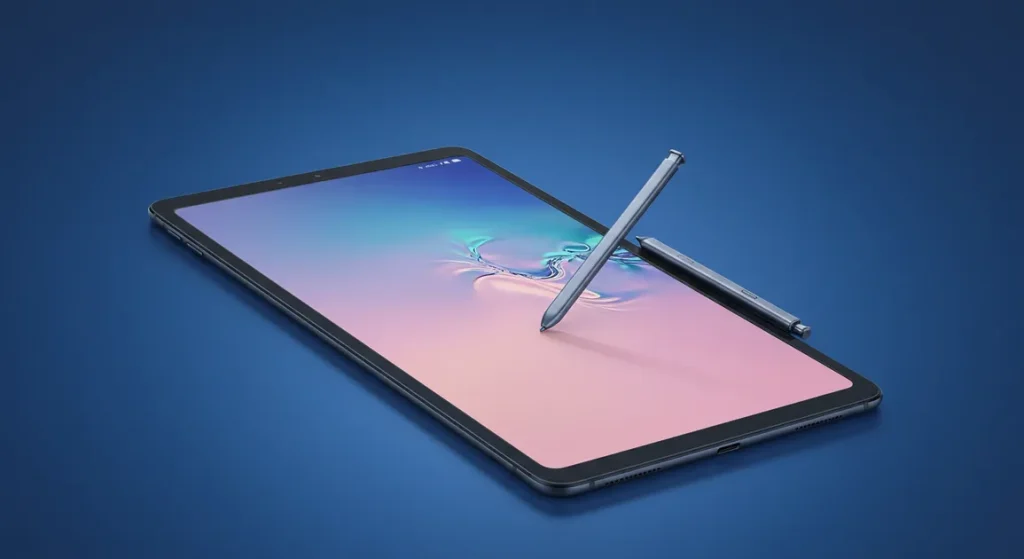 Fx Samsung Galaxy Tab S10 FE with S Pen attached magnetically photographed against gradient blue background 3