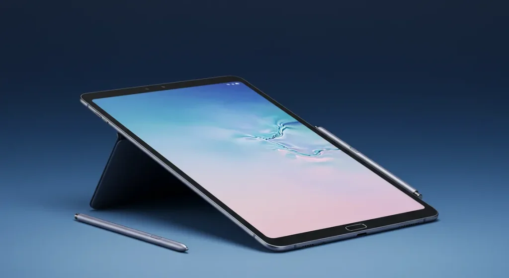 Fx Samsung Galaxy Tab S10 FE with S Pen attached magnetically photographed against gradient blue background 4