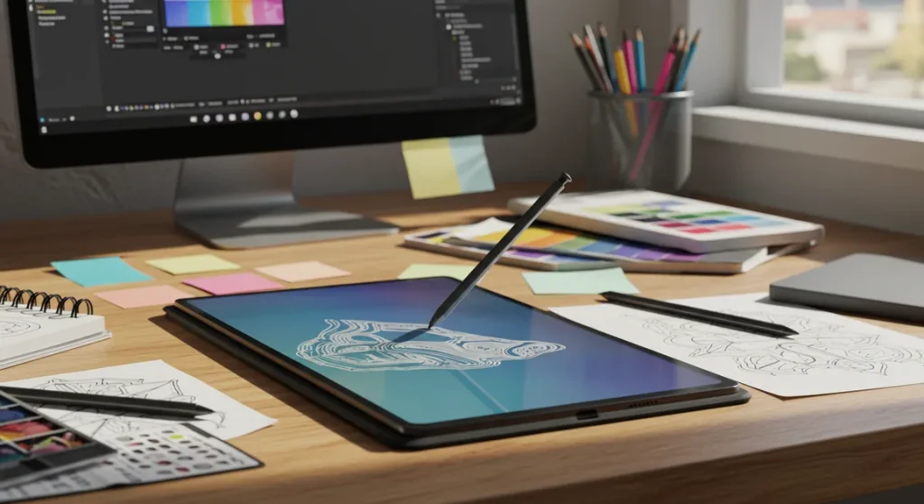 Fx Samsung Galaxy Tab S10 FE with S Pen in creative workspace setting surrounded by design tools 2