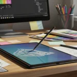 Fx Samsung Galaxy Tab S10 FE with S Pen in creative workspace setting surrounded by design tools 2