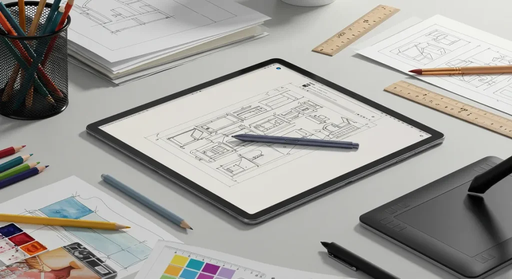 Fx Samsung Galaxy Tab S10 FE with S Pen in creative workspace setting surrounded by design tools 3