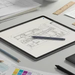 Fx Samsung Galaxy Tab S10 FE with S Pen in creative workspace setting surrounded by design tools 3