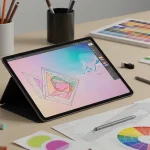 Fx Samsung Galaxy Tab S10 FE with S Pen in creative workspace setting surrounded by design tools 4