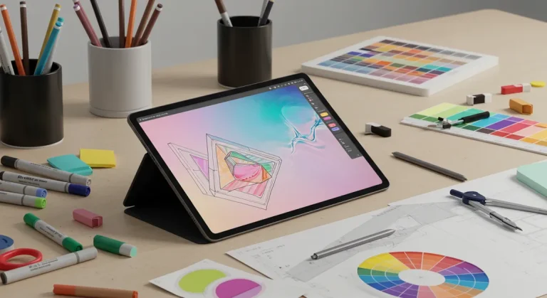 Fx Samsung Galaxy Tab S10 FE with S Pen in creative workspace setting surrounded by design tools 4