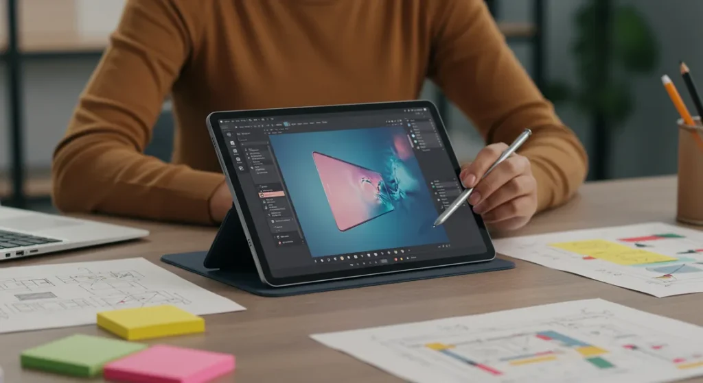 Fx Samsung Galaxy Tab S10 FE with S Pen on modern workspace showing productivity and creativity focus 1