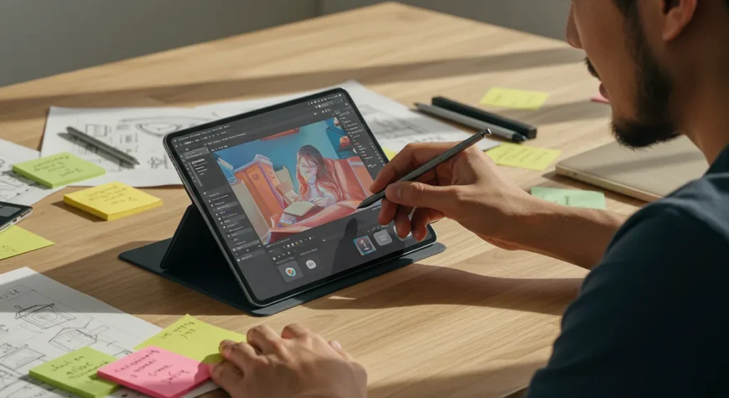 Fx Samsung Galaxy Tab S10 FE with S Pen on modern workspace showing productivity and creativity focus 2