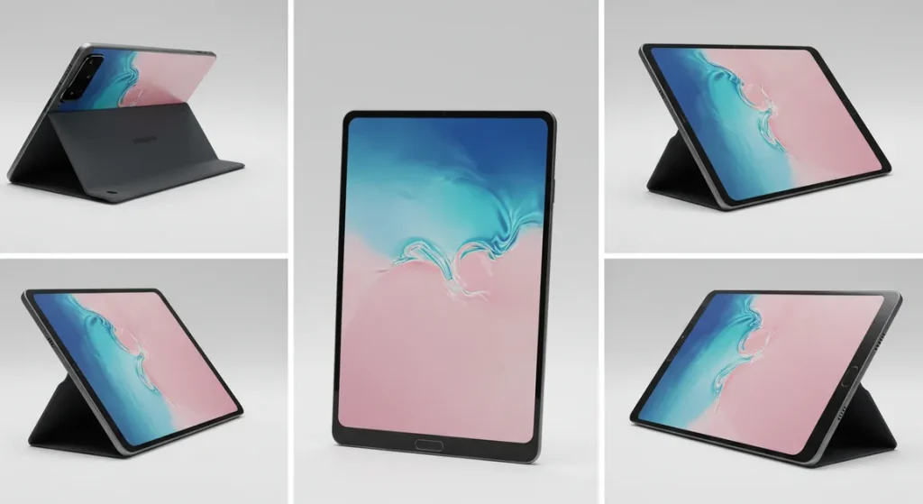 Fx Samsung Galaxy Tab S10 FE with multiple viewing angles showing versatility and design aesthetics 1