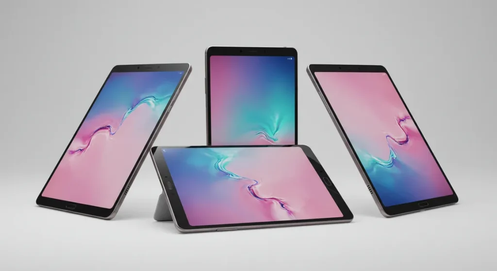 Fx Samsung Galaxy Tab S10 FE with multiple viewing angles showing versatility and design aesthetics 4