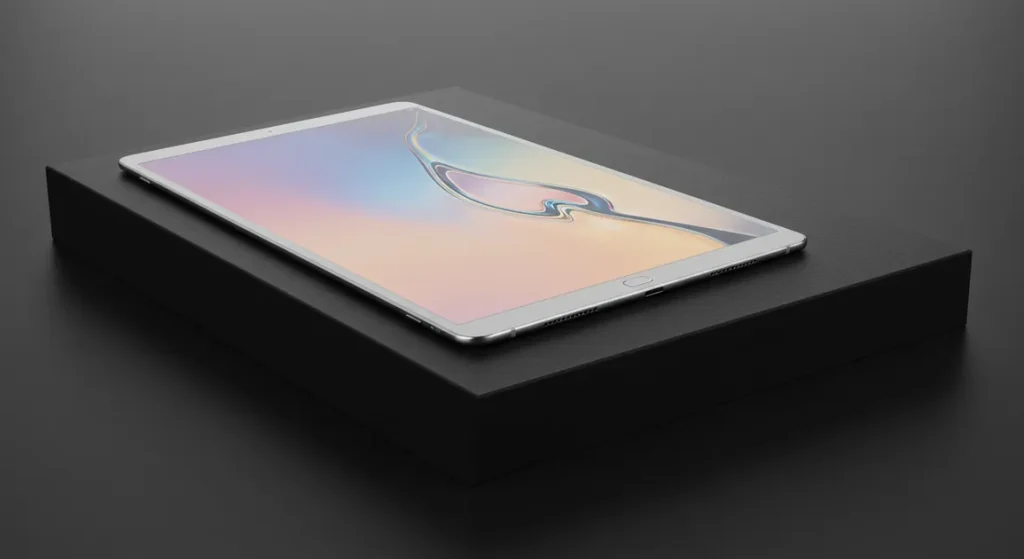 Fx Samsung Galaxy Tab S6 elegantly displayed on modern geometric platform with soft shadows 2