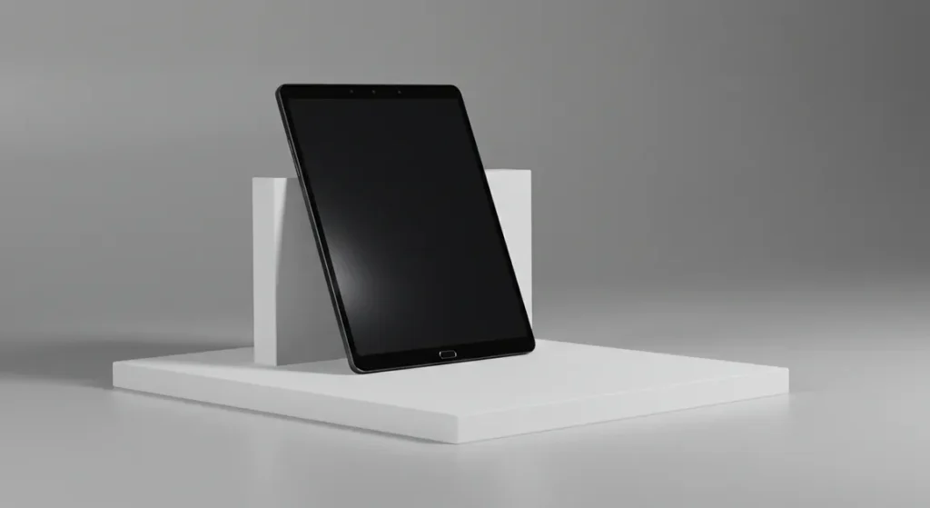Fx Samsung Galaxy Tab S6 elegantly displayed on modern geometric platform with soft shadows 3