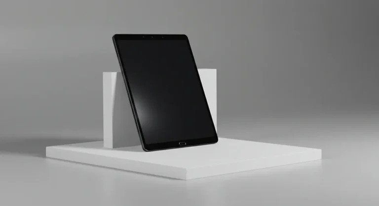 Fx Samsung Galaxy Tab S6 elegantly displayed on modern geometric platform with soft shadows 3