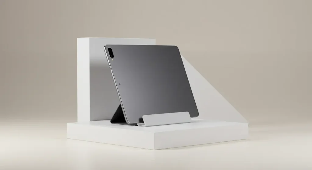 Fx Samsung Galaxy Tab S6 elegantly displayed on modern geometric platform with soft shadows 4